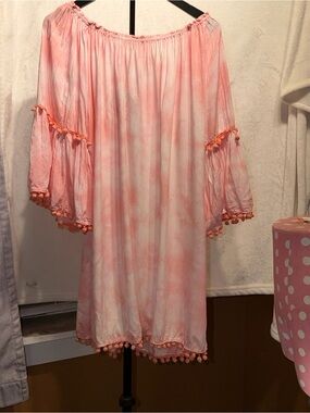 Exist Pink Beach/Pool cover up peach tie-dye with Pom Poms one size